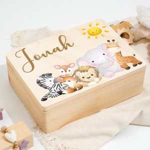 Caja de recuerdos para bebés | Caja de recuerdos personalizada para el niño | Padres caja de madera | Muchos animales con nombres | León zorro elefante cebra ciervo