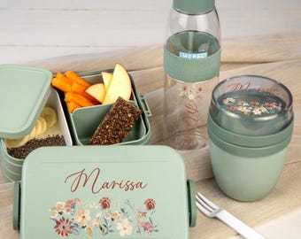 Personalisierte Brotdose Trinkflasche und Lunchpot - Mepal Bento Lunchbox, Wasserflasche und Snackpot | Blumenwiese Blumen - Blumenkranz