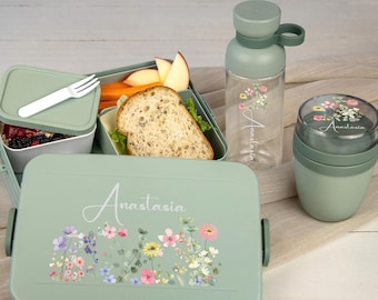 Personalisierte Brotdose + Flasche + Lunchpot von Mepal | Geschenk Einschulung + Kitastart | Lunchbox mit Fächern | Blumenwiese Blumen Motiv