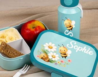 Personalisierte Brotdose und Flasche als Geschenk Einschulung oder Kitastart - Mepal Lunchbox mit fächern | Honigbiene Biene Blumenwiese