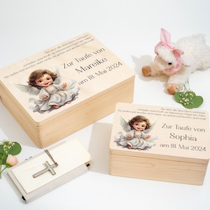 Caja de recuerdos para niñas | Hermoso regalo de bautizo para recuerdos duraderos | Caja de recuerdos de madera con motivo de ángel y lema bautismal