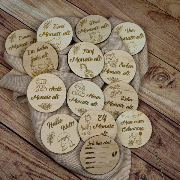 Milestone cards baby engraved on wood, first year, gift for birth pregnancy, baby gift for baby shower for expectant mothers