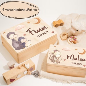 4 Süße Tiere Pinguin Affe & Bär Mutter und Kind Motiv - Erinnerungskiste Baby | Erinnerungsbox Personalisiert | Taufgeschenk Geschenk Geburt