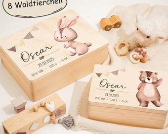 Erinnerungskiste Baby, Erinnerungsbox Personalisiert, Taufgeschenk für Jungen und Mädchen, Babygeschenk, 8 Waldtiere Waldtiere zur Auswahl
