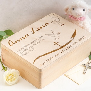 Taufgeschenk für Junge und Mädchen aus Holz | Erinnerungskiste zur Taufe und Geburt | Gravierte Erinnerungsbox Taufkiste | Taube mit Spruch