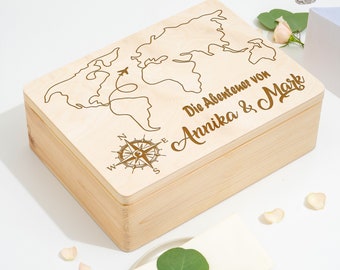 Caja de recuerdos personalizada para parejas viajeras | Caja de memoria | Regalo para trotamundos | Mapa mundial con el nombre deseado y el lugar de viaje