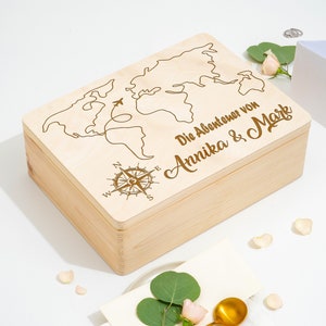 Memory box personalized for traveling couples Memory box Gift for globetrotters World map with desired name and travel location image 1