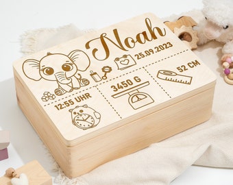 Erinnerungskiste Baby als Geschenk zur Geburt oder Taufe | Gravierte Personalisierte Erinnerungsbox aus Holz | Süßer Elefant Geburtsdaten