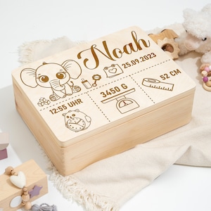 Erinnerungskiste Baby als Geschenk zur Geburt oder Taufe | Gravierte Personalisierte Erinnerungsbox aus Holz | Süßer Elefant Geburtsdaten