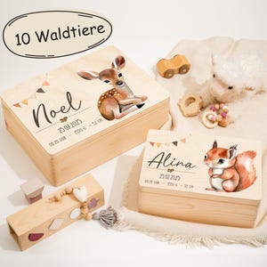 Erinnerungskiste Baby, Erinnerungsbox Personalisiert, Taufgeschenk für Jungen und Mädchen, Babygeschenk, 10 Waldtiere wie Reh Fuchs uvm