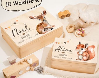Erinnerungskiste Baby, Erinnerungsbox Personalisiert, Taufgeschenk für Jungen und Mädchen, Babygeschenk, 10 Waldtiere wie Reh Fuchs uvm