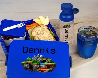 Personalisierte Brotdose + Flasche + Lunchpot von Mepal | Geschenk Einschulung + Kitastart | Lunchbox mit Fächern | Gamer Zocker Motiv Pixel