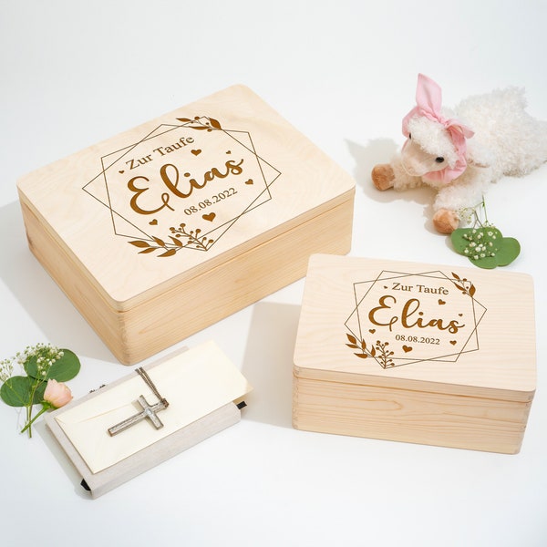 Baptism gift for boys and girls made of wood | Baptism and birth memory box | Engraved keepsake box baptism box | Wreath Geometric
