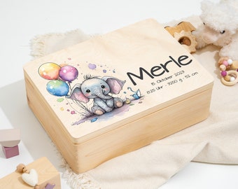 Baby memory box as a gift for a birth or baptism | Engraved Personalized Wooden Keepsake Box | Sweet elephant balloon motif