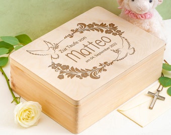 Baptism gift for boys and girls made of wood | Baptism and birth memory box | Engraved keepsake box baptism box | Flower wreath dove