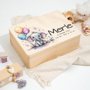 Caja de recuerdos para bebé como regalo de nacimiento o bautizo | Caja de recuerdos de madera personalizada grabada | Motivo de globo de elefante dulce
