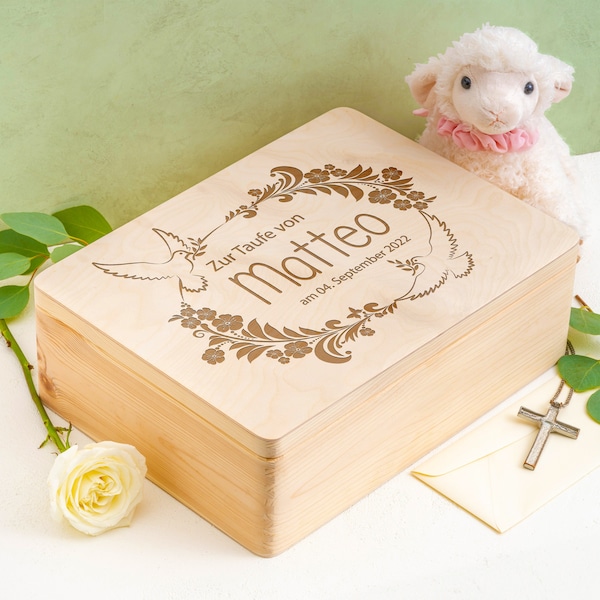 Taufgeschenk für Junge und Mädchen aus Holz | Erinnerungskiste zur Taufe und Geburt | Gravierte Erinnerungsbox Taufkiste | Blumenkranz Taube