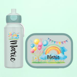Personalized lunch box and bottle as a gift for school enrollment or daycare start - Mepal lunch box with compartments | Rainbow with balloons and name