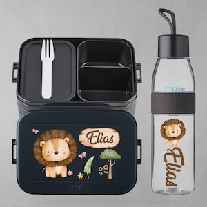 Personalized Mepal lunch box and drinking bottle | School enrollment and daycare start gift | Water-colored lion | Safari animals