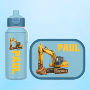 Personalized lunch box and bottle as a gift for school enrollment or daycare | Mepal lunch box with compartments | Excavator | Construction vehicles for boys