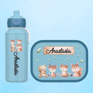 Personalized lunch box and bottle as a gift for school enrollment or daycare | Mepal lunch box with compartments | Cute forest animals - deer, fox, bear