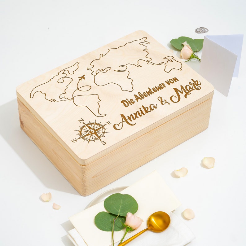 Memory box personalized for traveling couples Memory box Gift for globetrotters World map with desired name and travel location image 1