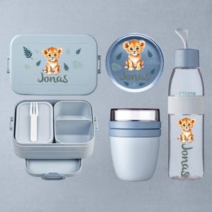 Personalized lunch box, drinking bottle, and lunch pot - Mepal Bento lunch box, water bottle, and snack pot | Lion cub with name | Lion | Safari