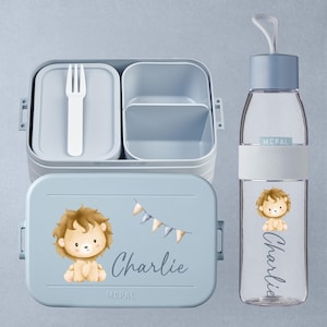 Personalized Mepal lunch box and drinking bottle | Gift for school enrollment and daycare start | Water-colored lion | Animal motif