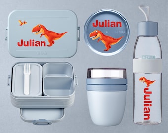 Personalisierte Brotdose Trinkflasche und Lunchpot - Mepal Bento Lunchbox, Wasserflasche und Snackpot | Dinosaurier mit Name - Dino - T-Rex