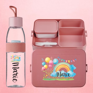 Personalized Mepal lunch box with compartments + bottle | Lunch box + drinking bottle | Gift for starting school or daycare | Rainbow with balloons