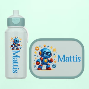 Personalized lunch box and bottle as a gift for school enrollment or daycare start - Mepal lunch box with compartments | Cool robot motif with name