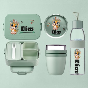 Personalized lunch box, drinking bottle, and lunch pot - Mepal Bento lunch box, water bottle, and fruit pot | Indian Boho Tiger with desired name