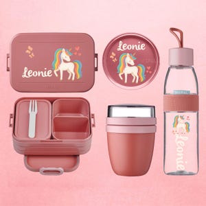 Personalized lunch box, drinking bottle, and lunch pot - Mepal Bento lunch box, water bottle, and snack pot | Rainbow unicorn with heart and name
