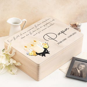 Caja de luto personal con nombre y fecha de nacimiento y defunción + dicho | Caja de recuerdos para recuerdos importantes | Caja de recuerdos de madera