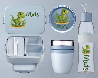 Personalisierte Brotdose Trinkflasche und Lunchpot - Mepal Bento Lunchbox, Wasserflasche und Snackpot | Dinosaurier mit Name - Dino - T-Rex