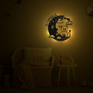 Nightlight Personalized Night light gift for babies and children decorative wooden wall lamp for boys and girls Teddy on moon Surname image 5