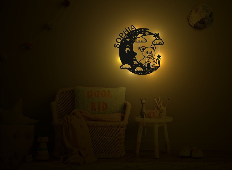 Nightlight Personalized Night light gift for babies and children decorative wooden wall lamp for boys and girls Teddy on moon Surname image 5