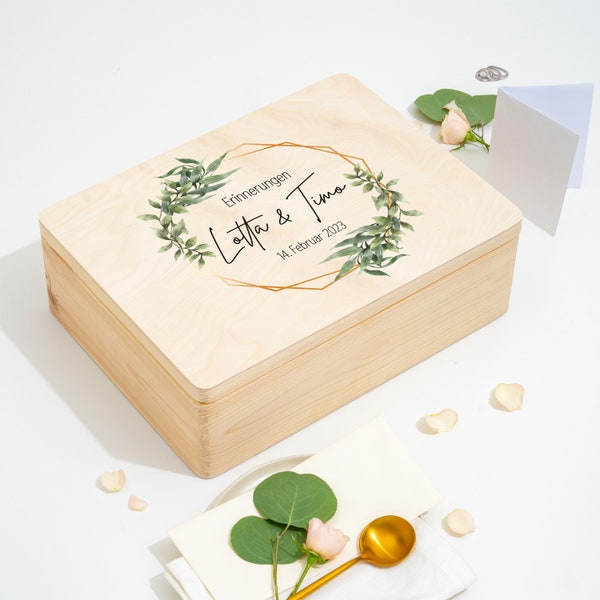 Personalized Wedding Memory Box | Wedding gift for married couples, groomsmen Keepsake newlyweds | Golden floral wreath