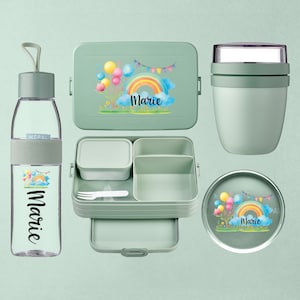 Personalized lunch box with compartments + bottle + lunch pot | Mepal lunch box | Gift for starting school or daycare | Rainbow motif with balloons