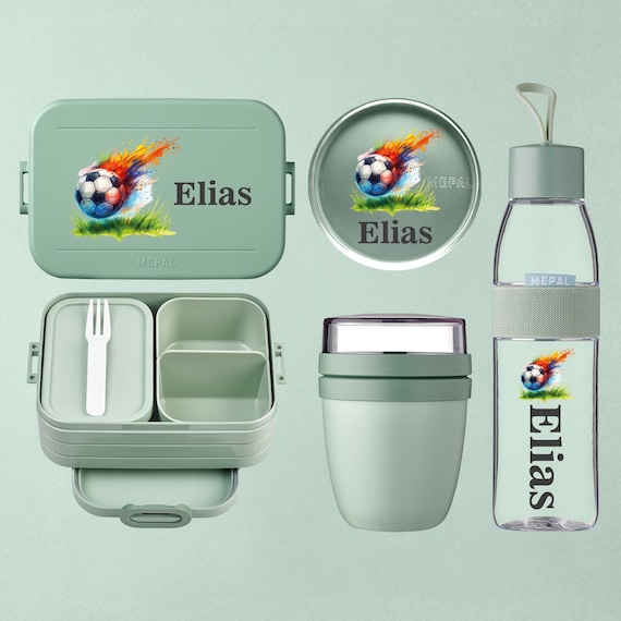 Personalisierte Brotdose mit Fächern + Flasche + Lunchpot | Geschenk Kitastart Einschulung | Lunchbox Set | Buntes Fußball Motiv Fußballer