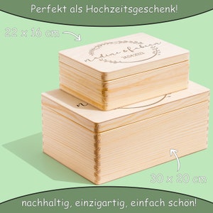 Erinnerungskiste Hochzeit Personalisiert Hochzeitsgeschenk für Eheleute paare und Trauzeugen Andenken Brautpaar Blumenkranz mit Namen zdjęcie 9