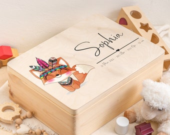 Erinnerungskiste Baby als Geschenk zur Geburt oder  Taufe für Junge und Mädchen | Personalisierte Erinnerungsbox | Süßer Boho Indianer Fuchs