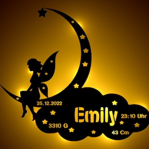 Personalized night light | Night light gift for baby and child | LED wooden wall lamp for boys and girls | Moon fairy with desired dates