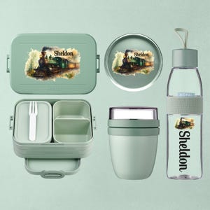 Personalized lunch box with compartments + bottle + lunch pot | Gift for kindergarten start and school enrollment | Lunch box set | Steam locomotive train with name