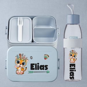 Personalized Mepal lunchbox and drinking bottle | Gift for school enrollment + daycare start lunchbox bottle | Indian Boho Tiger with desired name
