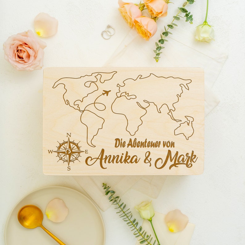 Memory box personalized for traveling couples Memory box Gift for globetrotters World map with desired name and travel location image 6