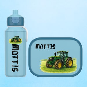 Personalized lunch box and drinking bottle as a gift for school enrollment or daycare start - Mepal Lunchbox + Bottle | Green tractor with name