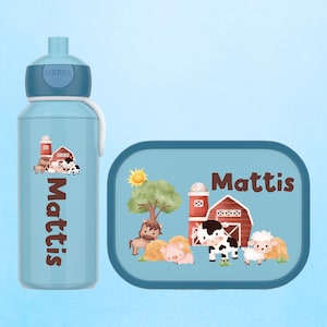 Personalized lunch box and bottle as a gift for school enrollment or daycare | Mepal lunch box with compartments | Cute farm motif with name