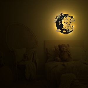 Nightlight Personalized Night light gift for babies and children decorative wooden wall lamp for boys and girls Teddy on moon Surname image 3