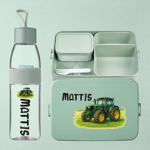 Personalized Mepal Bento Lunchbox Large with Drinking Bottle - Gift for Kindergarten Start-Up - Lunch Box with Water Bottle | Green Tractor